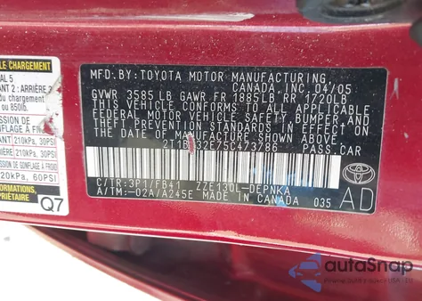 2005 Toyota Corolla Le из США, поврежденный, VIN 2T1BR32E75C473786